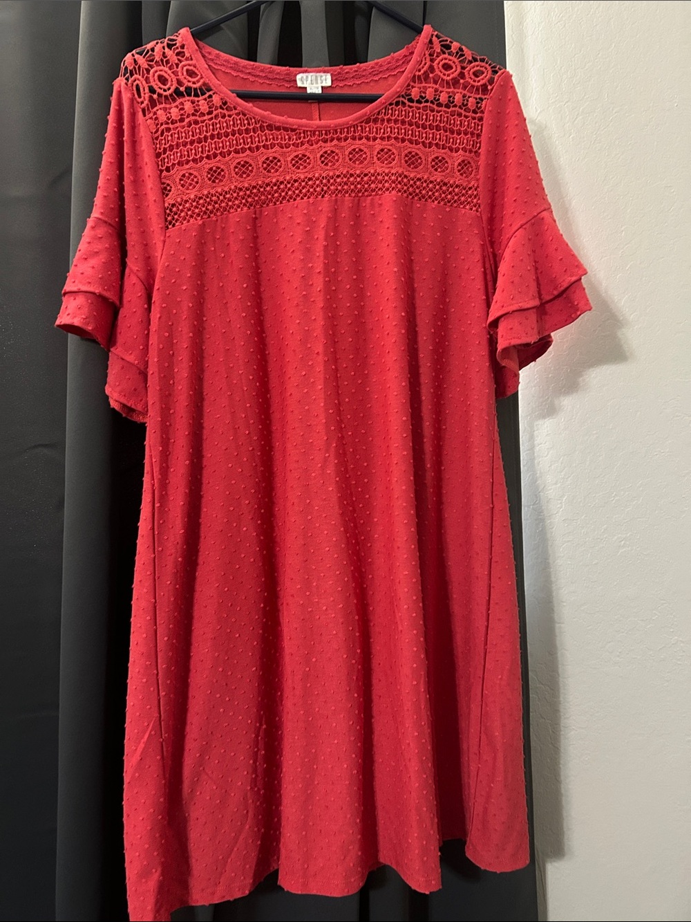 Spense Red Crochet Yoke Flutter Sleeve Tunic